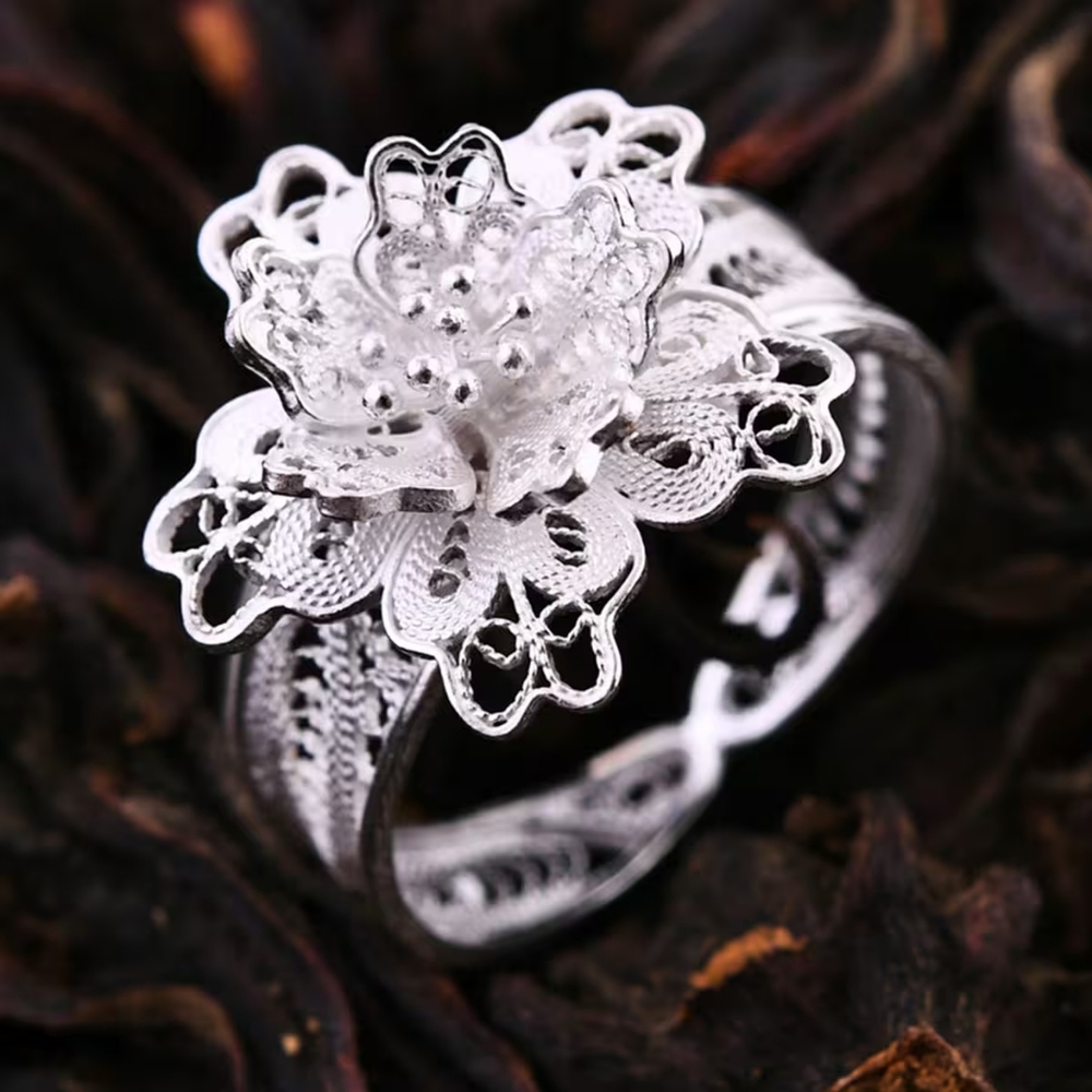 Sz 10, 925 Sterling Silver Blossom Floral Lace Ring, NWT